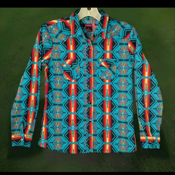 rick and roll Other - Western Shirt Kids L Unisex Southwestern Tribal Pattern Pearl Snap Multicolor